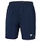 The Tecnifibre Team Stretch Mens Badminton Shorts in marine blue feature an elastic waistband, a small white logo on the left leg, and slight hem slits—perfect for comfort and agility on the court.