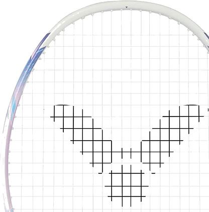 A close-up of the Victor DriveX 7SP AJ 4U Badminton Racket in White/Purple showcases its versatile head and black stringing forming a stylized "YY" logo pattern at the center.