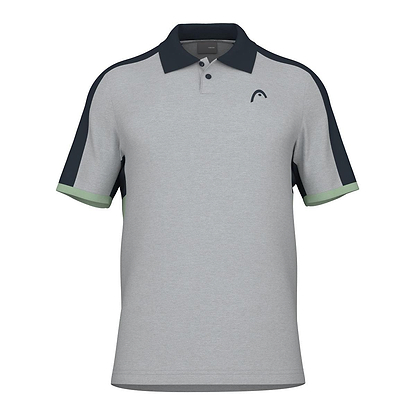 Introducing the HEAD Performance Play Tech Men's Polo Shirt - GRCE, a gray short-sleeve polo from HEAD that expertly blends style and functionality. Designed with enhanced breathability and microfiber for efficient moisture transfer, it features dark blue sleeve sections paired with light green cuffs and is adorned with a small logo on the left chest. Ideal for any active day!