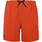 The Babolat Play Mens Badminton Shorts in Cherry Tomato feature a black drawstring and small black logo on the lower left leg, made from recycled polyester and shown against a plain white background.