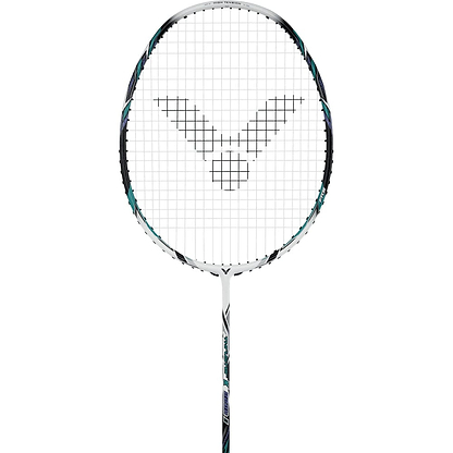The Victor Thruster 220H II Badminton Racket - White Smoke from Victor showcases a white frame accented with sleek black strings and a stylish logo pattern at its center. The shaft features an artistic design in black, white, and teal. Ideal for Powerbox play, this racket makes a striking impression against the plain white background.
