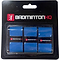 Set of three blue BadmintonHQ badminton overgrips in black packaging with white shuttle icon and red accents. Each tacky grip is secured with a branded band for reliable sweat absorption and handling.