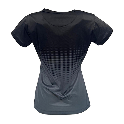 The Yonex YTL5 Women's Badminton T-Shirt in Shadow/Black features a back view with a gradient dot pattern from black to dark gray. This moisture-wicking shirt has short sleeves and a round neckline, making it ideal for keeping cool on the court.