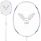 The Victor DriveX 7SP AJ 4U Badminton Racket in white and purple showcases the brand’s signature colors and a black geometric string pattern, with images displaying the full racket and a close-up of its stylish head design.