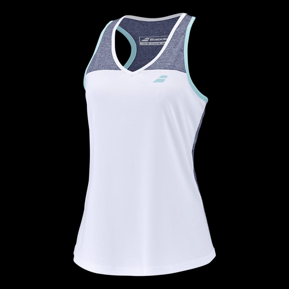 The Babolat Play Women's Badminton Tank Top in White and Blue Heather is designed for performance, showcasing a sleeveless cut with a white front panel, dark blue side accents, and light blue trim. Crafted from FiberDry material, it features a chic V-neck with a small logo placed near the neckline against a sophisticated black backdrop.