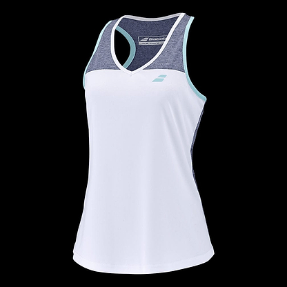 The Babolat Play Women's Badminton Tank Top in White and Blue Heather is designed for performance, showcasing a sleeveless cut with a white front panel, dark blue side accents, and light blue trim. Crafted from FiberDry material, it features a chic V-neck with a small logo placed near the neckline against a sophisticated black backdrop.