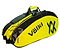 The Volkl Combi 6 Racket Badminton Bag in black and neon yellow showcases a geometric logo, "Volkl" branding, visible racket compartments, and a thermal climate-controlled lining to safeguard your gear. It also includes a sturdy handle on top for easy carrying.