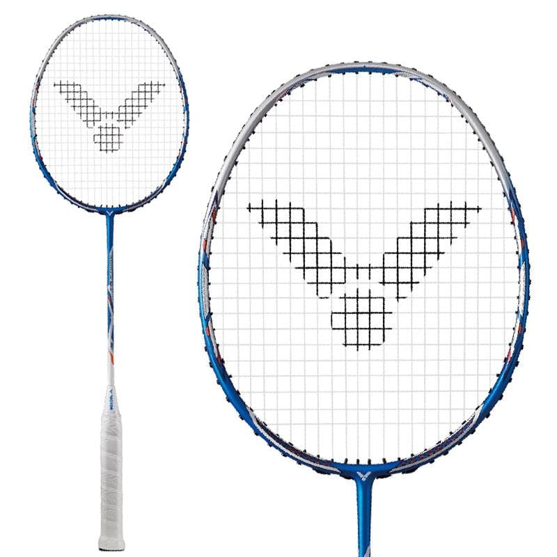 Detailed view of a blue and white Victor Jetspeed 12 II F badminton racket, showcasing a stylized V logo on the strings. In the backdrop, another Jetspeed 12 II F racket is visible. Both are expertly crafted using Pyrofil Carbon Fibre, and their handles feature a white grip tape.