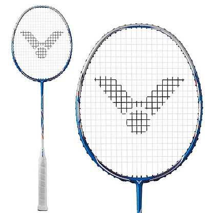Detailed view of a blue and white Victor Jetspeed 12 II F badminton racket, showcasing a stylized V logo on the strings. In the backdrop, another Jetspeed 12 II F racket is visible. Both are expertly crafted using Pyrofil Carbon Fibre, and their handles feature a white grip tape.