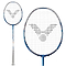 Detailed view of a blue and white Victor Jetspeed 12 II F badminton racket, showcasing a stylized V logo on the strings. In the backdrop, another Jetspeed 12 II F racket is visible. Both are expertly crafted using Pyrofil Carbon Fibre, and their handles feature a white grip tape.
