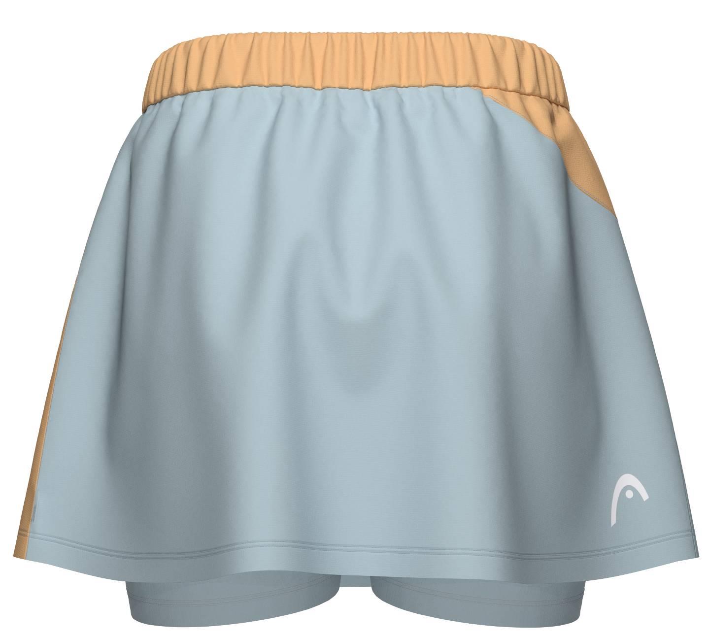 HEAD Dynamic Womens Badminton Skort in apricot and light blue, featuring a beige elastic waistband, attached moisture-wicking layer, and small white logo on the lower right front.