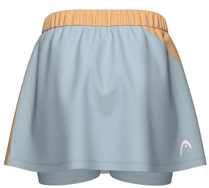 HEAD Dynamic Womens Badminton Skort in apricot and light blue, featuring a beige elastic waistband, attached moisture-wicking layer, and small white logo on the lower right front.