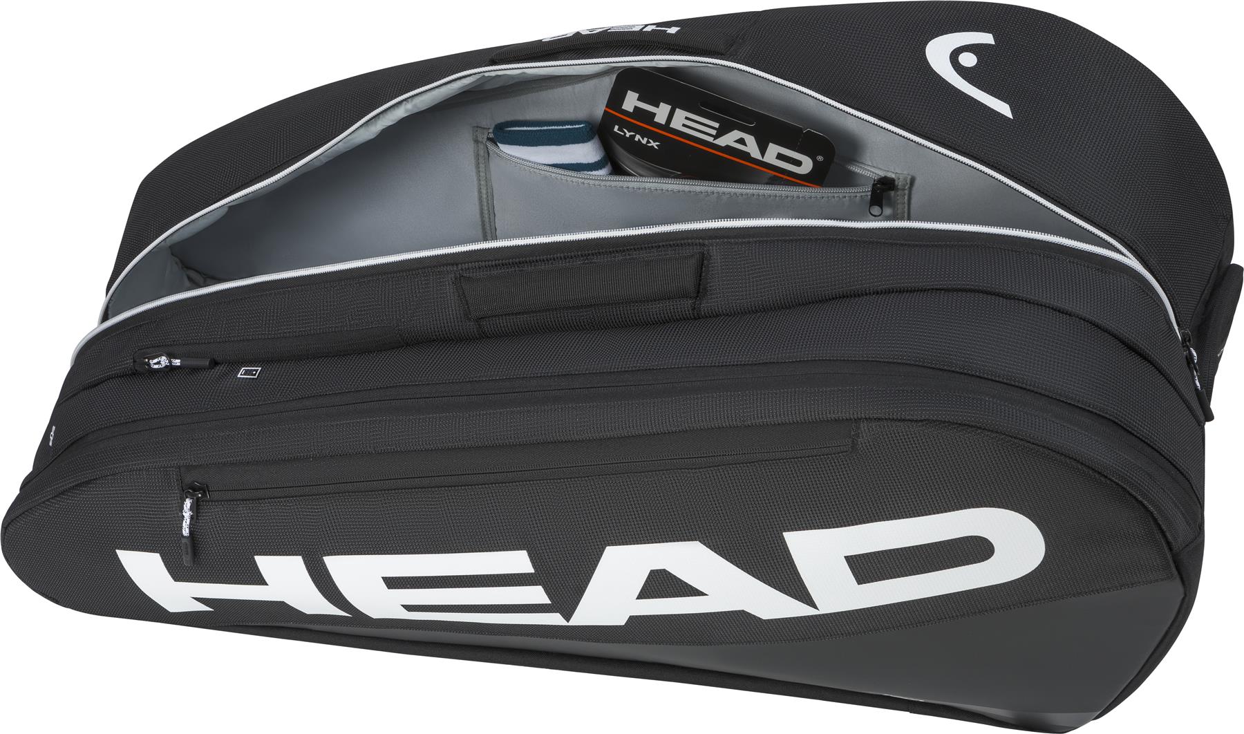 The HEAD Tour 9 Racket Badminton Bag L - Black features a large white HEAD logo, unzipped to show CCT+ climate control compartments, storing a water bottle and HEAD tennis strings.