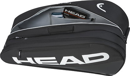 The HEAD Tour 9 Racket Badminton Bag L - Black features a large white HEAD logo, unzipped to show CCT+ climate control compartments, storing a water bottle and HEAD tennis strings.