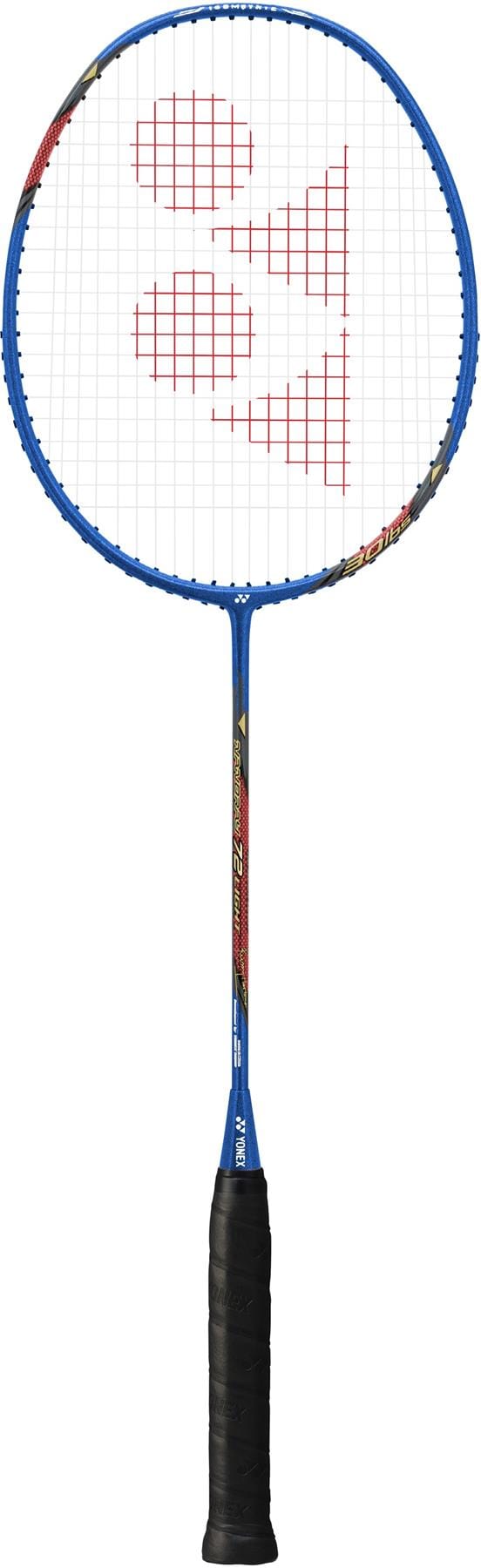 The Yonex Nanoray 72 Light 5U Badminton Racket in blue features a black grip, white strings with a red geometric logo on the string bed, and a head light balance for fast swings.