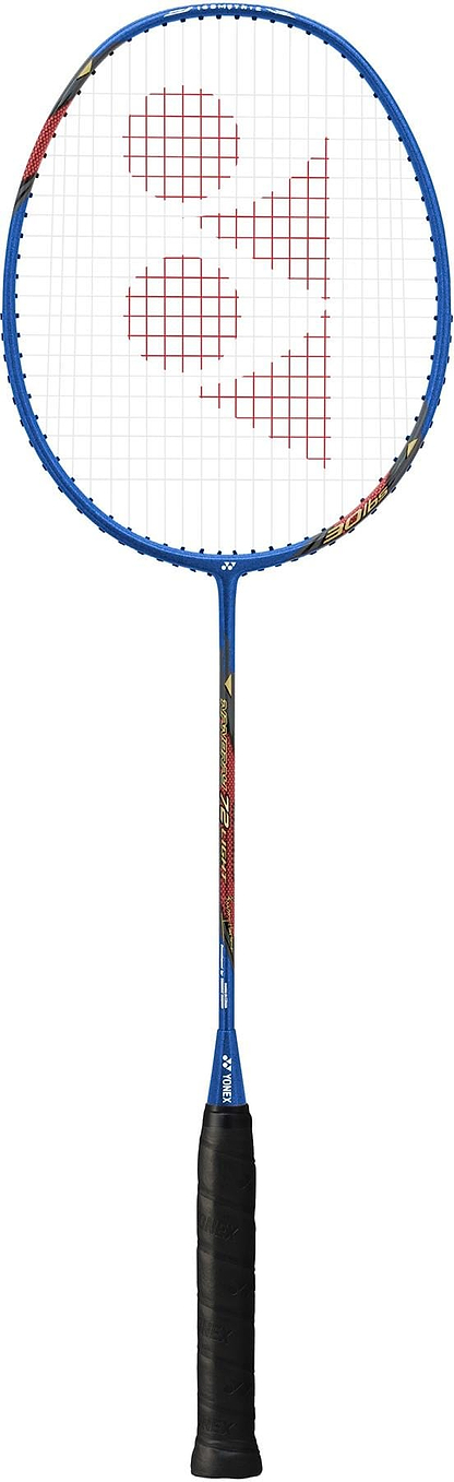 The Yonex Nanoray 72 Light 5U Badminton Racket in blue features a black grip, white strings with a red geometric logo on the string bed, and a head light balance for fast swings.