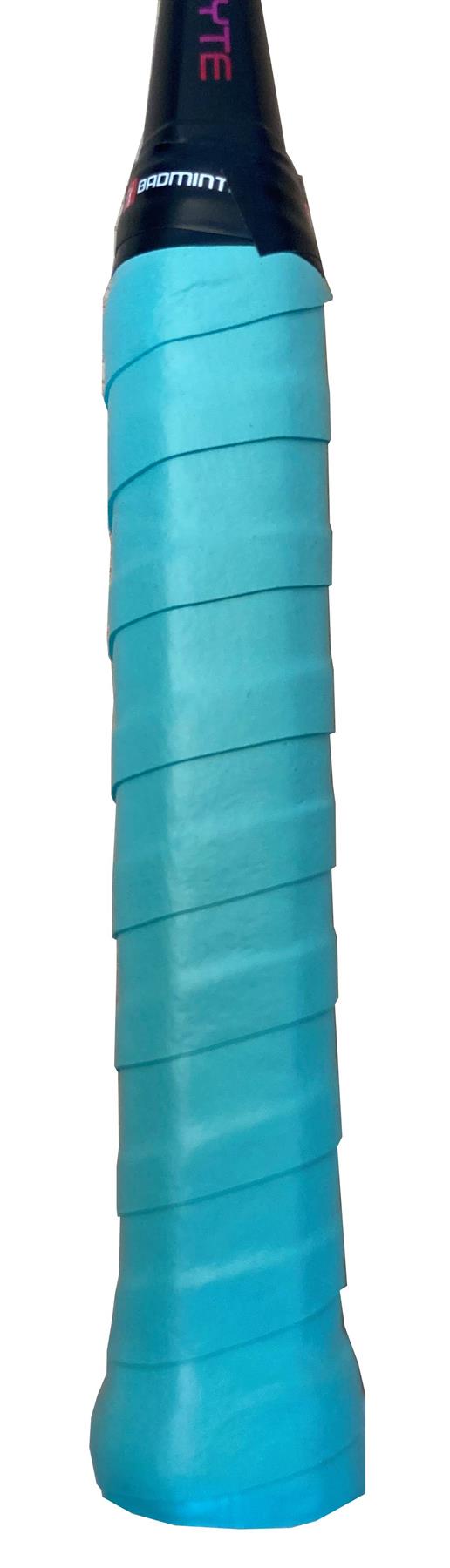 Close-up of a BadmintonHQ 3 Pack Badminton Overgrips in teal, wrapped on a racquet handle, showing its textured spiral design for tacky grip and sweat absorption, with part of the black shaft visible.