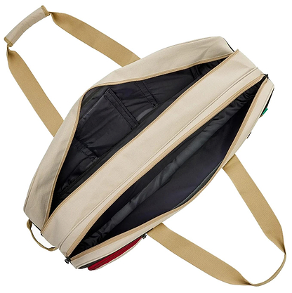 The Yonex BA72631WEX Gearlogic Tournament Badminton Bag in beige is shown open, featuring tan straps and a roomy black interior with multiple pockets and compartments.