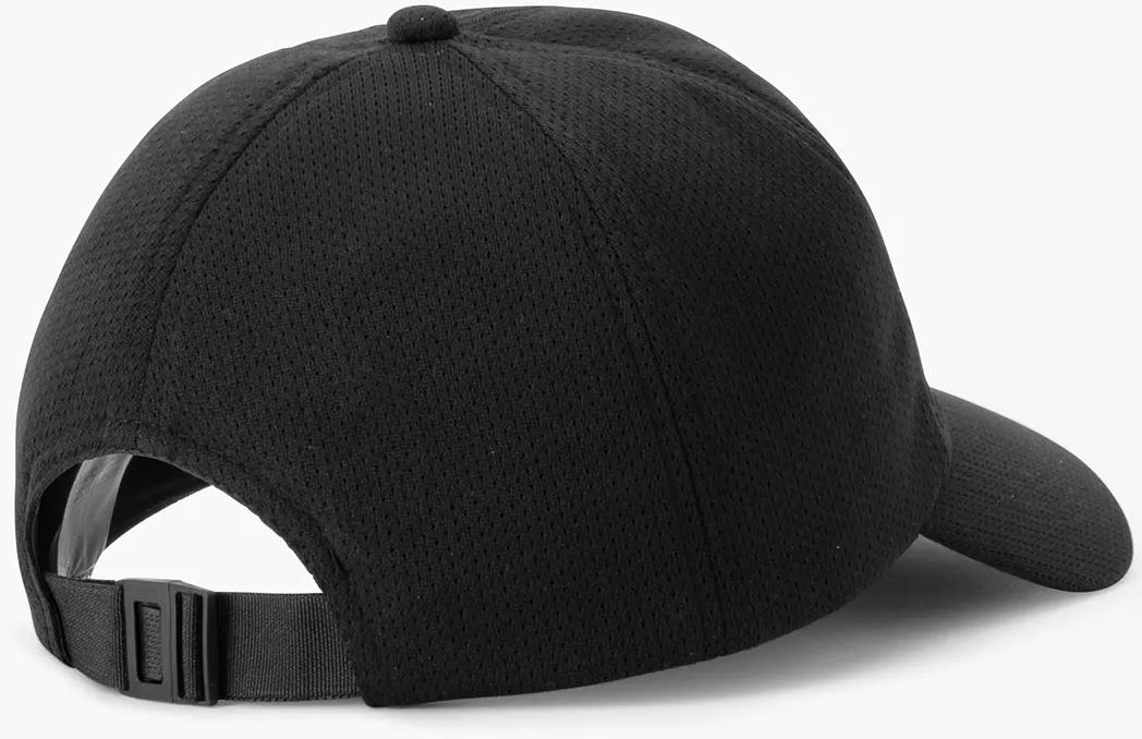 The Yonex 40125EX Badminton Cap - Black features breathable mesh fabric, an adjustable strap with buckle, and a curved brim for comfort and style, shown here from the back.