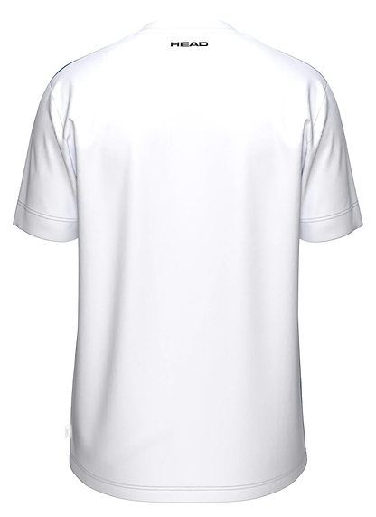 The image shows the back of a HEAD Blur Mens Badminton T-Shirt - ROXU, a plain white short-sleeve shirt by HEAD with "HEAD" printed in small black letters near the neckline.
