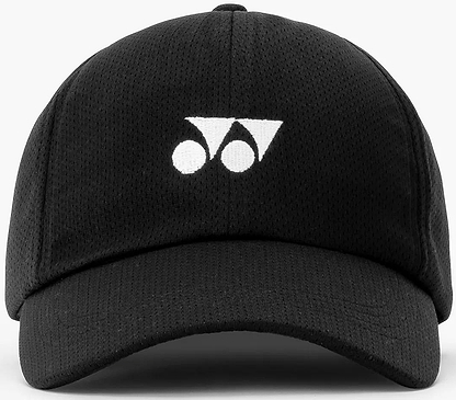 The Yonex 40125EX Badminton Cap - Black is lightweight and breathable, with an adjustable fit and a white Yonex logo (two circles, two triangles) on the front panel.