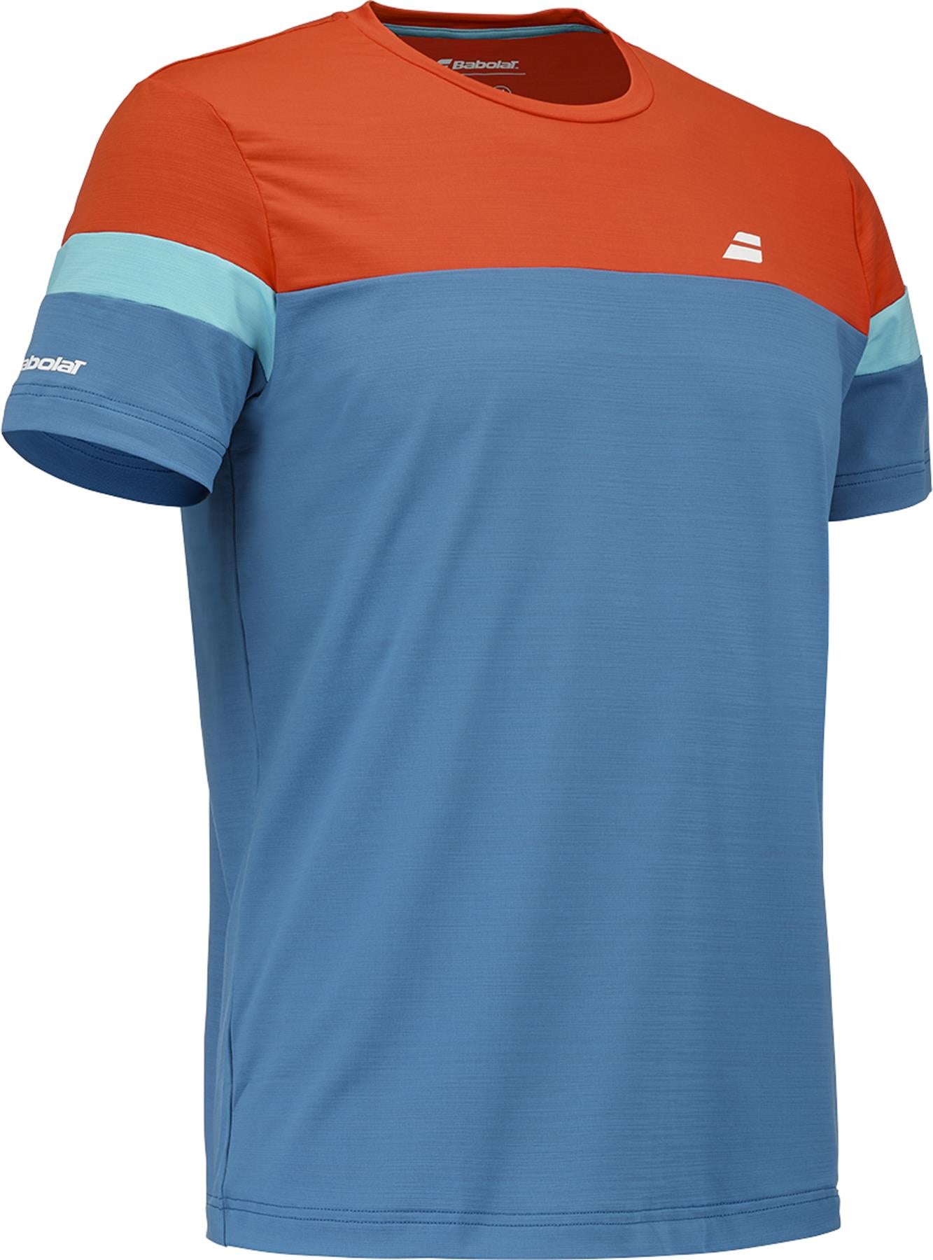 The Babolat Crew Neck Men's Badminton T-Shirt - Seaport features a bright orange upper chest, light blue sleeves with aqua stripes, a dark blue body, and subtle white Babolat logos for a sporty look.