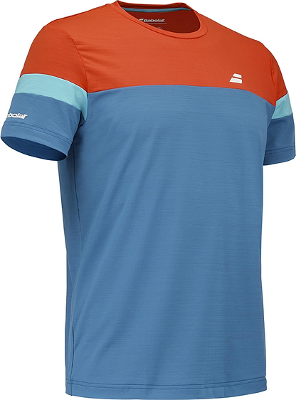 The Babolat Crew Neck Men's Badminton T-Shirt - Seaport features a bright orange upper chest, light blue sleeves with aqua stripes, a dark blue body, and subtle white Babolat logos for a sporty look.
