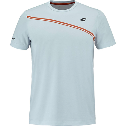 The Babolat Play Men's Crew Neck Badminton T-Shirt in Illusion Blue features a red diagonal chest stripe and black Babolat logos on the chest and sleeve—a stylish choice for men’s badminton apparel.