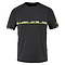 The Babolat Aero Crew Neck Men's Badminton T-Shirt in black, designed for racket sports, showcases short sleeves and a stylish geometric pattern in gray and neon yellow across the chest and cuffs. Crafted from Fiber Dry-polyester, it delivers a lightweight and breathable experience ideal for active days.