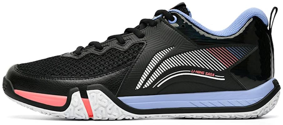 The Li-Ning Saga II Lite Men's Badminton Shoes offer advanced features with a textured, anti-slip rubber sole for optimal grip. Sporting black and white accents, these sleek shoes have a breathable mesh upper and a convenient heel pull tab.