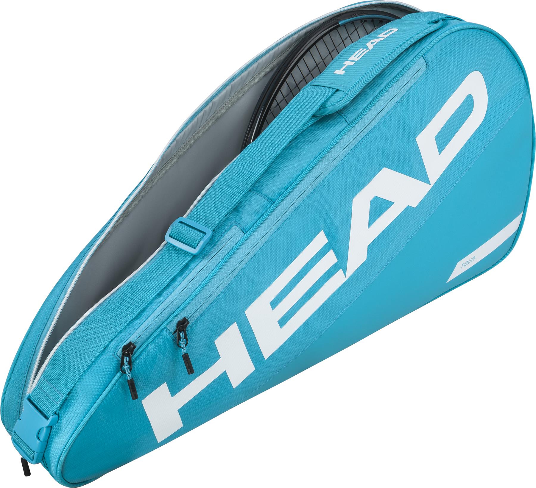 A blue HEAD Tour 3 Racket Badminton Bag S with a large white HEAD logo, zippered compartments, and carrying handle, shown partially open with rackets inside.