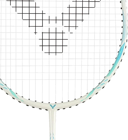 Close-up of a Victor Thruster Ryuga Sport R 3U Badminton Racket - Green by Victor, designed for beginner to intermediate players, with black grid-patterned strings and green accents on a white frame.