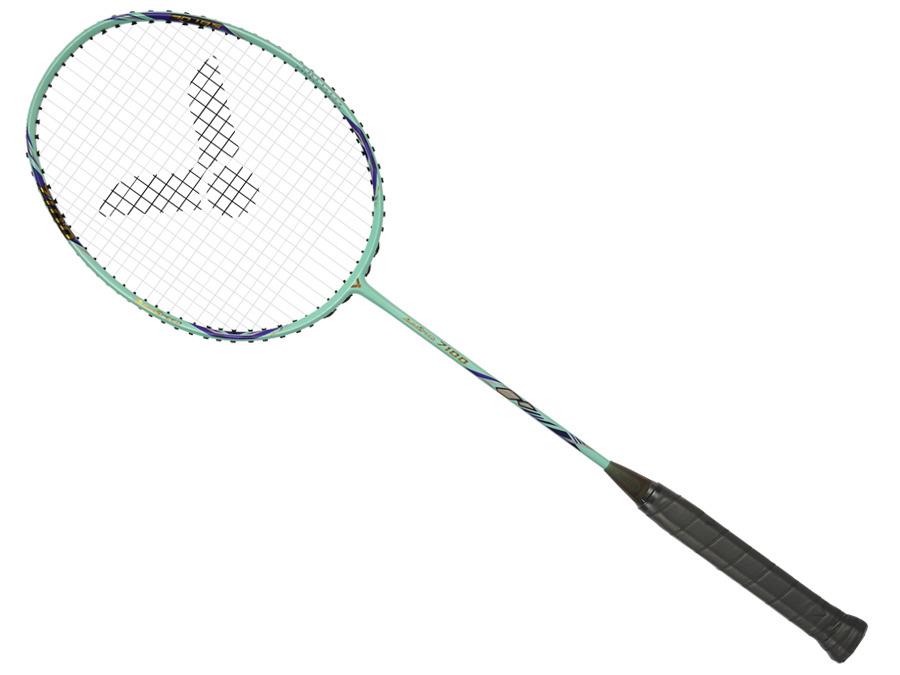 A Victor Auraspeed 7100 4U Badminton Racket by Victor in teal, with a black grip and signature logo on the stringed head, shown isolated on a white background.