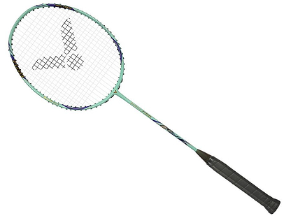 A Victor Auraspeed 7100 4U Badminton Racket by Victor in teal, with a black grip and signature logo on the stringed head, shown isolated on a white background.