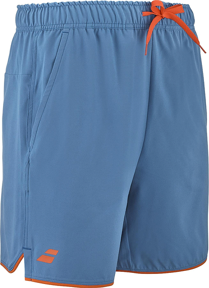 The Babolat Perf Men's Badminton Shorts - Seaport feature a light blue color, elastic waistband with orange drawstring, side pockets, logo near the left hem, trim detail, and lightweight fabric for top court performance.