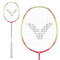 The Victor Thruster K66 Badminton Racket - Deep Pink by Victor is a lightweight racket featuring a vibrant deep pink and lime green frame. Ideal for intermediate players, the strings create a pattern that resembles a stylized shuttlecock, and it comes with a comfortable white grip.