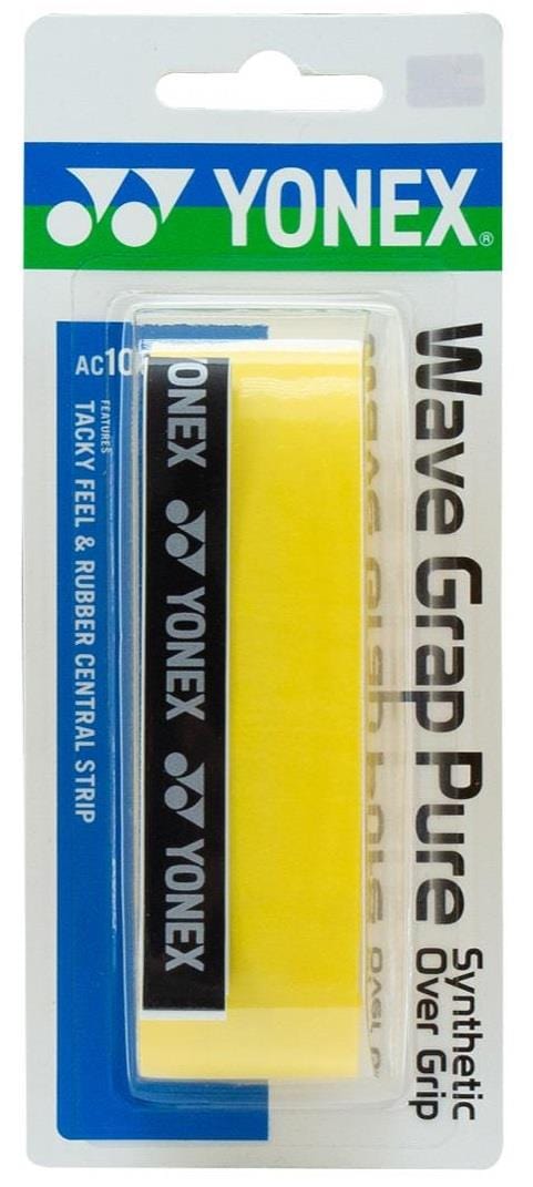 The Yonex AC108WEX Wave Grap Pure Badminton Overgrip in yellow offers non-slip performance for rackets. It comes in clear plastic and cardboard packaging, showing Yonex branding and product details.