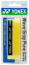 The Yonex AC108WEX Wave Grap Pure Badminton Overgrip in yellow offers non-slip performance for rackets. It comes in clear plastic and cardboard packaging, showing Yonex branding and product details.