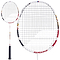 The image features the Babolat X-Feel Rise 2026 3U Badminton Racket in white/red, showing its full frame with black accents, a black grip, and a close-up of the tightly strung head to highlight its power potential.