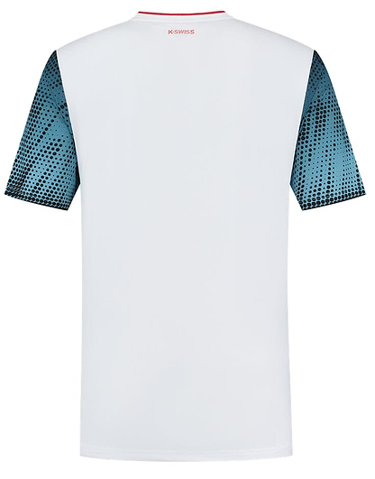 Back view of a white K-Swiss Hypercourt Print Crew 3 T-shirt featuring blue and black dotted short sleeves, tailored for badminton enthusiasts. The "K-SWISS" brand name is prominently displayed in red at the top center, emphasizing its high-performance range.