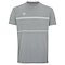 Introducing the Tecnifibre Men's Team Tech Badminton T-Shirt in Silver, a stylish short-sleeve creation made from a soft polyester knit fabric enhanced with a unique cotton touch treatment. This shirt features a subtle geometric design on the chest, complemented by thin horizontal white stripes and a small logo on the upper left side.