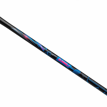 Close-up of a black Li-Ning Axforce Big Bang 6U Badminton Racket featuring blue and pink graphics with the word "Bandy" and badminton-related illustrations. The Ex-Light frame racket is displayed diagonally across a plain white background.