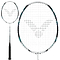 The Victor Thruster 220H II badminton racket, in a striking White Smoke design, features a unique logo pattern on the string bed. Its Powerbox frame not only enhances its contemporary aesthetic but also boosts performance, complemented by a stylish black handle.