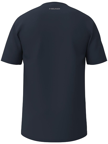 The HEAD Simple Men's Badminton T-Shirt, showcased on a white background, features a sporty style navy color with short sleeves and "HEAD" printed in small white letters near the neckline. Made from smooth polyester interlock, it's perfect for sleek court movement.