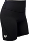 The Yonex YTS2024 Womens Core Badminton Shorts in black feature a small white logo, high-waisted moisture-wicking fabric, and smooth, stretchy material—ideal for sports or workouts. Shown worn in the image. Brand: Yonex.