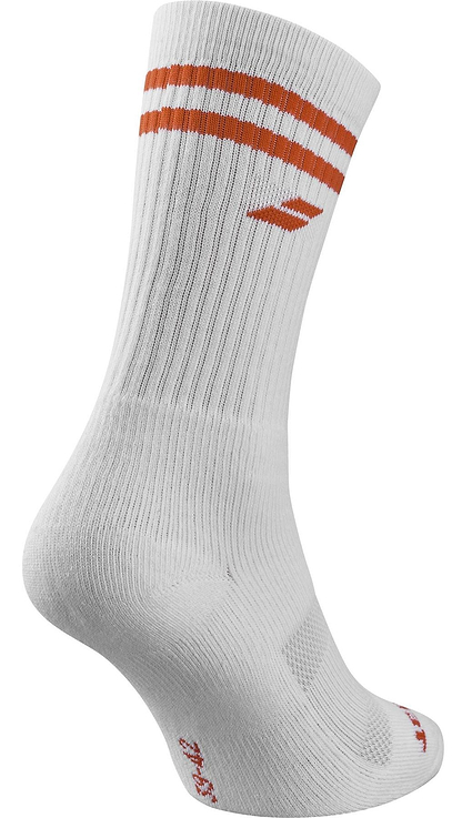 The Babolat Team Single Badminton Socks in White / Cherry Tomato feature two orange stripes and an orange logo near the top, a ribbed mid-calf design, and are displayed on a left-angled mannequin foot.