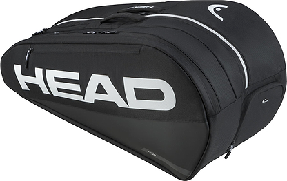 The HEAD Tour 9 Racket Badminton Bag L - Black features white branding, multiple zippered compartments, sturdy straps, CCT+ climate control technology, and a sleek design—ideal as a badminton bag or for carrying up to 9 rackets.