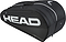 The HEAD Tour 9 Racket Badminton Bag L - Black features white branding, multiple zippered compartments, sturdy straps, CCT+ climate control technology, and a sleek design—ideal as a badminton bag or for carrying up to 9 rackets.
