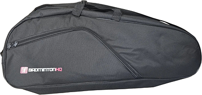 The BadmintonHQ 6 Racket Badminton Bag - Black features a zippered side pocket, handle, and white/pink "BADMINTON HQ" logo—ideal for carrying your rackets in style.