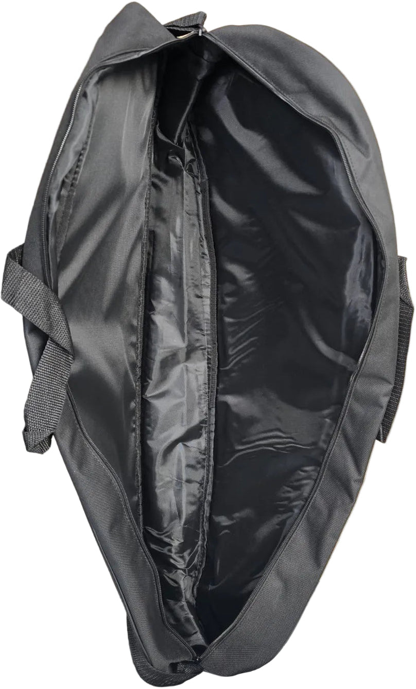 The BadmintonHQ 6 Racket Badminton Bag - Black is shown open from above, displaying its smooth, shiny inner lining and side carrying handles. The fabric bag is empty and branded by BadmintonHQ.